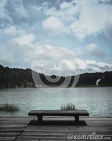 Alone desk at lonely lake Stock Photo