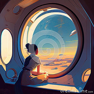 alone girl watching from space generative ai Stock Photo