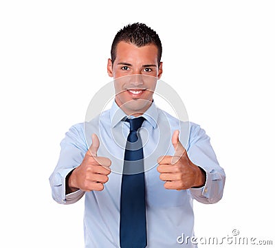 Alone guy with two thumbs gesture Stock Photo