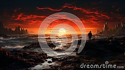 Alone human standing in rocky seashore at sunset Stock Photo