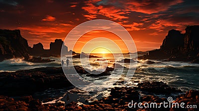 Alone human standing in rocky seashore at sunset Stock Photo