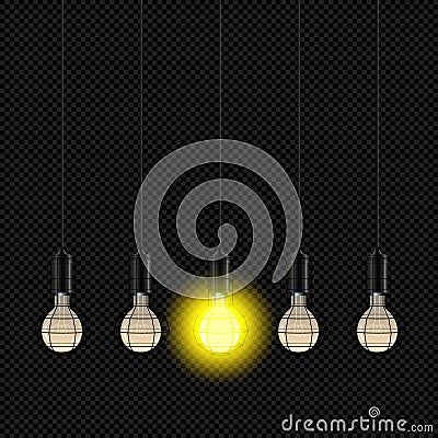 Alone Lamp Shine among Extinct on Transparent Background Concept Vector Yellow Radiant Lampbulbs Halo Vector Illustration