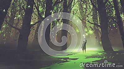 Alone man with torch standing in fairy tale forest Cartoon Illustration