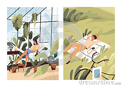 Alone with nature, solitude concept. Happy relaxed woman in greenhouse with plants. Single man relaxing or sleeping in Vector Illustration