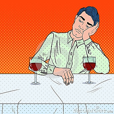 Alone Sad Man Drinking Wine in Restaurant. Pop Art illustration Vector Illustration