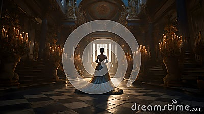 Alone woman in Baroque dress standing inside large abanodned mansion hall in Baroque style, neural network generated Stock Photo