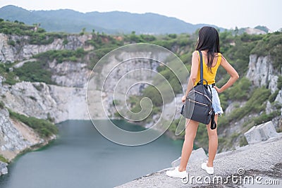 Alone woman standing on blur view landscape Mountain and River at Grand Canyon Chonburi Thailand. tourism travel summer holiday Stock Photo