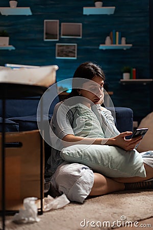 Alone, worried woman by warning notification for invoice bank bills Stock Photo