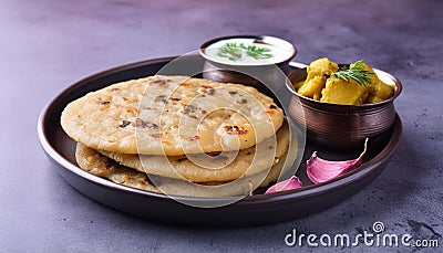 Aloo Paratha- Indian Flatbread Stuffed with Spiced Potatoes. Concept Indian Cuisine, Vegetar Stock Photo
