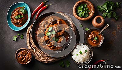 Aloo Paratha Indian Potato stuffed Flatbread. Served with fresh curd and tomato ketchup Stock Photo