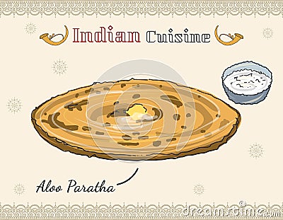 Aloo Paratha common Indian Punjabi dish with Butter and Curd Vector Illustration