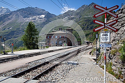 Alp Grum railway station is situated on the Bernina Railway Editorial Stock Photo