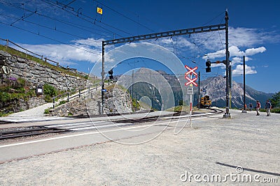 Alp Grum railway station is situated on the Bernina Railway Editorial Stock Photo