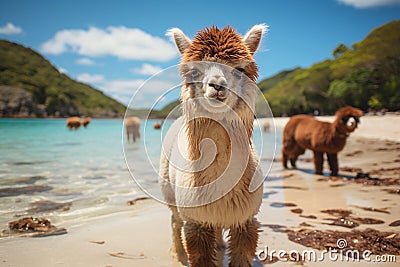 Alpaca or lama on a tropical beach, travel and wanderlust concept, blue sea, exotic vacation destination Stock Photo