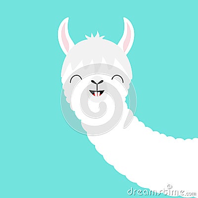 Alpaca llama animal face. Cute cartoon kawaii smiling character. Funny teeth. T-shirt, greeting card, poster print. Childish baby Vector Illustration