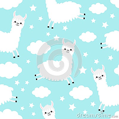 Alpaca llama jumping. Seamless Pattern. Cloud star in the sky. Cute cartoon kawaii funny smiling baby character. Wrapping paper, Vector Illustration