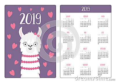 Alpaca llama and love hearts. Simple pocket calendar layout 2019 new year. Week starts Sunday. Cute cartoon character. Vertical Vector Illustration