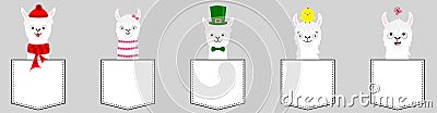 Alpaca llama set. T-shirt pocket. Cute funny cartoon lama character. All seasons. Christmas St Patrick day Easter Bird Chicken Vector Illustration