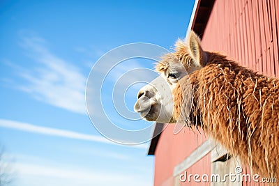 alpaca profile with clear blue sky and barn Stock Photo
