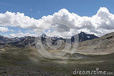 Valle dellâ€™Alpe Santa Caterina Valfurva, below the peaks of Mount Sobretta Stock Photo