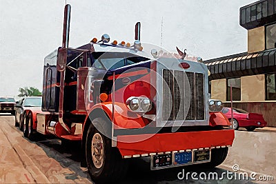 Alpena Michigan, USA - July 19, 2021: Digitally created watercolor painting of a Peterbilt truck park on street Cartoon Illustration