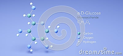 Alpha-D-Glucose, Monosaccharide, molecular structures, 3d model, Structural Chemical Formula and Atoms with Color Coding Stock Photo