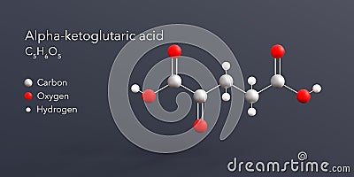 alpha-ketoglutaric acid molecule 3d rendering, flat molecular structure with chemical formula and atoms color coding Stock Photo