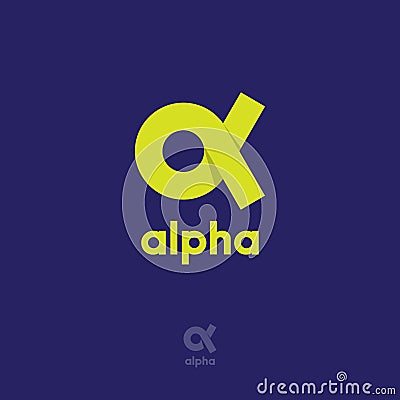 Alpha Logo. Alpha emblem. Yellow Greek letter Alpha on a blue background. Vector Illustration