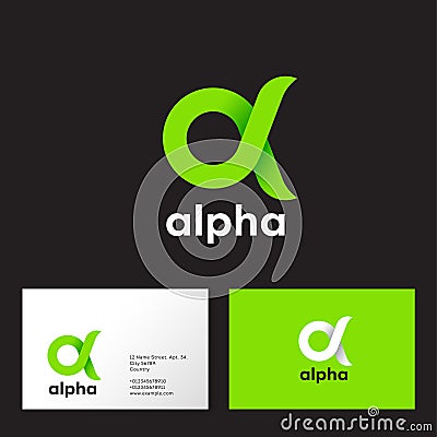 Alpha Logo. A emblem. Green Greek letter Alpha on a dark background. Vector Illustration