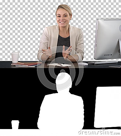 Blogging, technology, videoblog, mass media and people concept - happy smiling woman or blogger talking to camera, Alpha Stock Photo