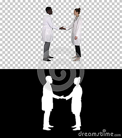 Successful team of surgeons giving high five and laughing isolated on white background, Alpha Channel Stock Photo