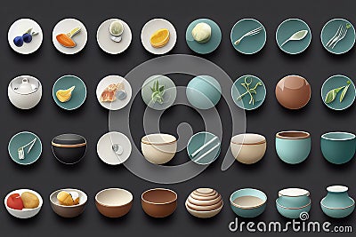 Dishes icon set assortment of kitchen elements in 3 design, realistic highly detailed Stock Photo