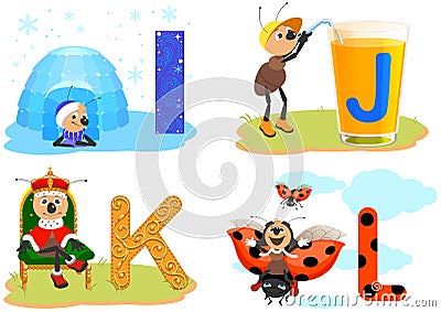 Alphabet ABC English letters for children. Igloo, juice, king and ladybug. Ant and funny alphabet Vector Illustration