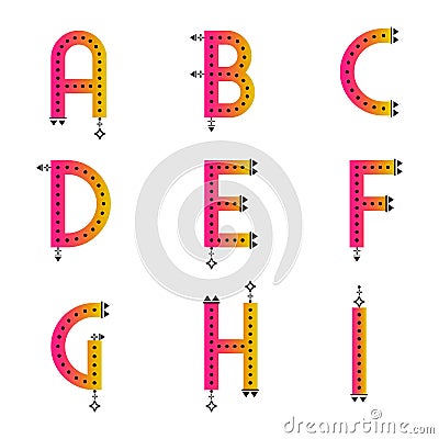 Bright gradient ABC collection. Simple ethnic style letters. Aztec pattern black dotted alphabets. Isolated vector characters font Vector Illustration