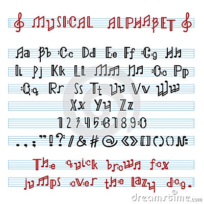 Alphabet ABC vector musical alphabetical font with music note letters of alphabetic typography illustration Vector Illustration