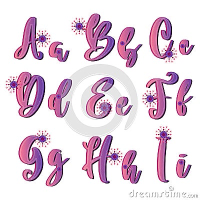 Romantic floral ABC letters. Flower alphabet. Heart letter. Pink purple gradient pattern vector. Abcdefghi collection. Love magic. Vector Illustration