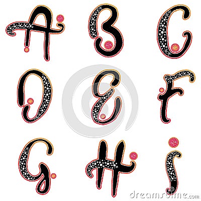 Abstract black alphabets. Abcdefghi collection. Gradient border curly letters set. Vector stock characters with scattered dots. Vector Illustration