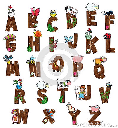 Alphabet with animals and farmers. Vector Illustration