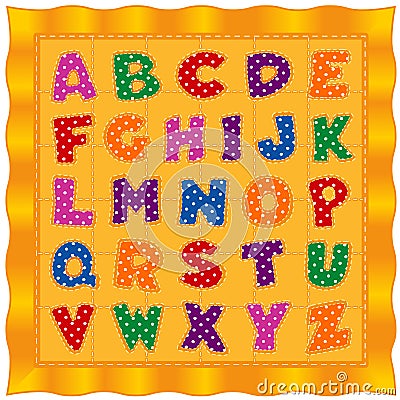 Alphabet baby quilt, bright polka dot letters, gold background Vector Illustration