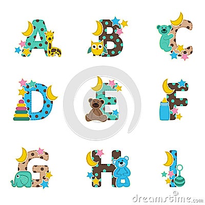 Alphabet baby from A to I Vector Illustration