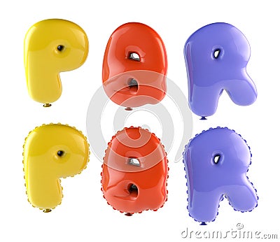 Alphabet Ballons letters P, Q, R, 3d rendering, font colorful Stock Photo