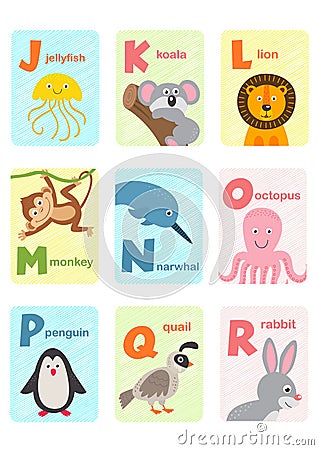 Alphabet card with animals J to R Vector Illustration