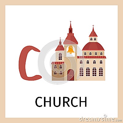 Alphabet card with church building Vector Illustration