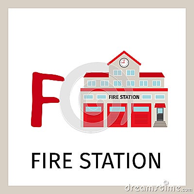 Alphabet card with fire station building Vector Illustration