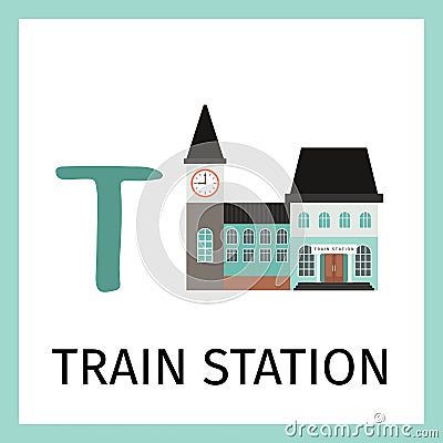 Alphabet card with train station building Vector Illustration