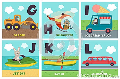 Alphabet card with transport and animals G to L Vector Illustration