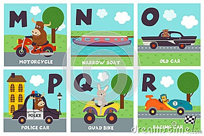 Alphabet card with transport and animals M to R Vector Illustration