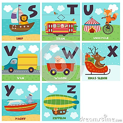 Alphabet card with transport and animals S to Z Vector Illustration