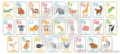 Alphabet cards for kids. Educational preschool learning ABC card with animal and letter cartoon vector illustration set Vector Illustration