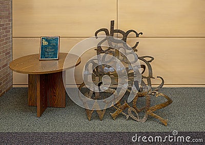 `The Alphabet Chair` by artist Sarah Peters inside the Lewisville Public Library in Texas. Editorial Stock Photo